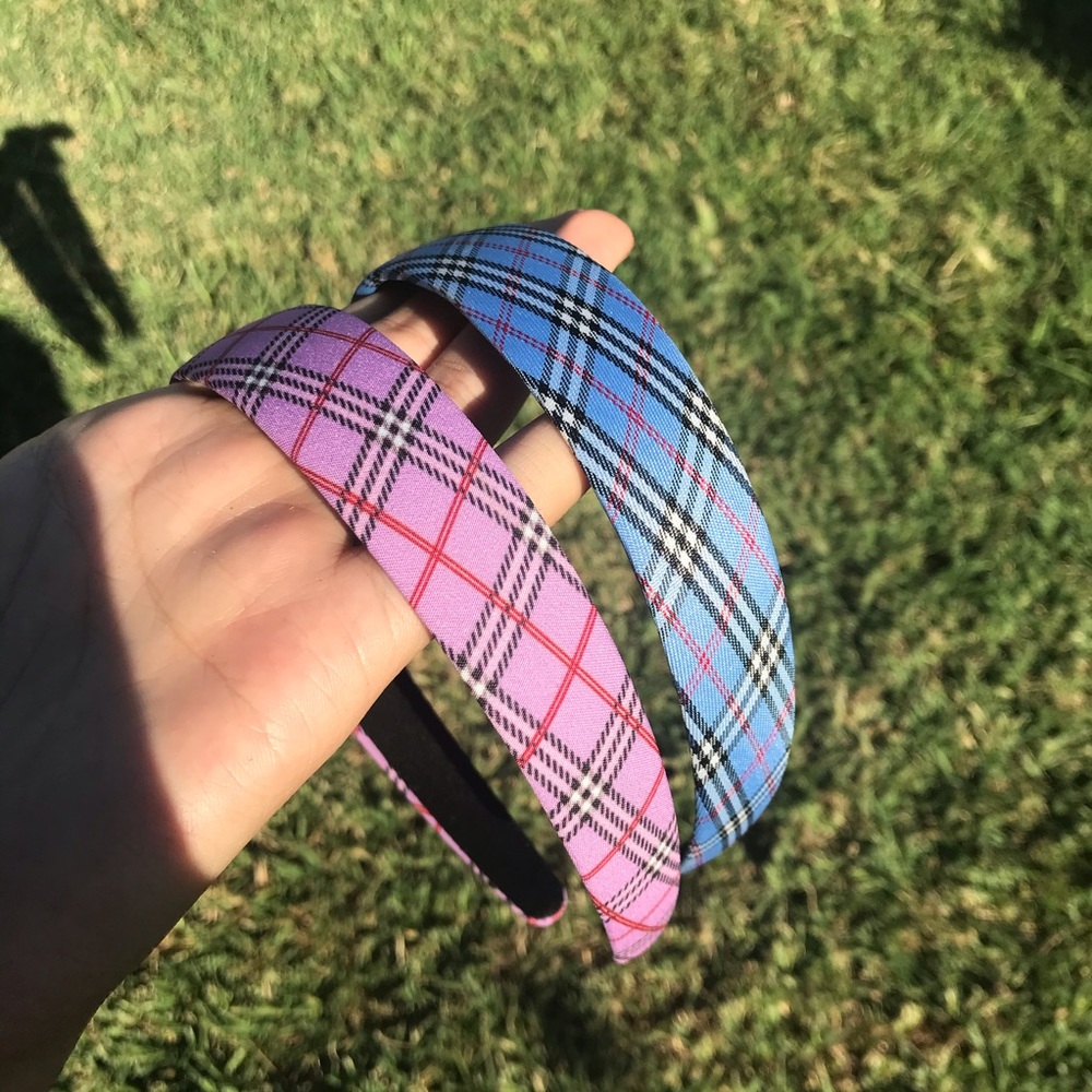2 Purple & Blue Plaid Headbands Set